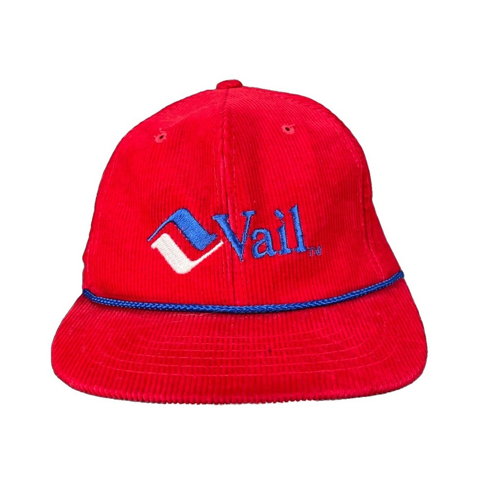 Vintage 80's Vail Colorado Hat Corduroy Red Ski Cap Hat Blue Rope Adjustable